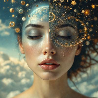 The primary subject of the image is a woman with a beautiful face. She is depicted in two different ways: one half of her face is shown with a peaceful expression, while the other half is shown with a more intense expression. The setting is a cloudy sky, which serves as the backdrop for the woman's face. The visual style of the image is a combination of photo and digital art, creating a unique and artistic representation of the woman's face. The colors and mood of the image are predomin